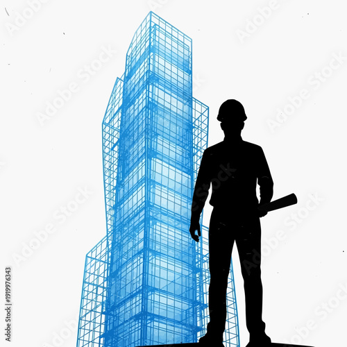 Architect silhouette holding blueprints in front of modern skyscraper wireframe