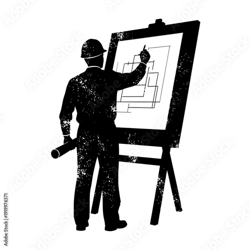 Architect, engineer, or designer drawing plans on an easel, silhouette art.