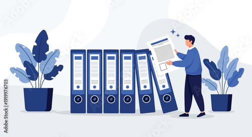 Man in a blue outfit examines a large paper from a row of blue binders. Potted plants flank the scene, creating a calm and organized office atmosphere.