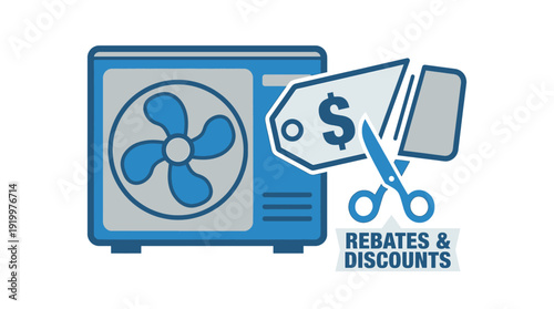 Heat pump and HVAC rebates and discounts concept, air conditioner unit with price tag cut by scissors vector