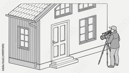 Filmmaker Capturing a House Exterior with Professional Camera.