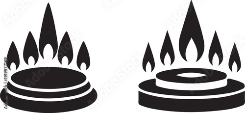 Two stylized graphic designs depicting a cooking stove burner with flames, one featuring a solid base and other showing a ring-shaped burner