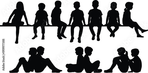 Silhouettes of children seated in varied postures, social interaction and communication concept, group dynamics illustration for friendship, education, and lifestyle design use