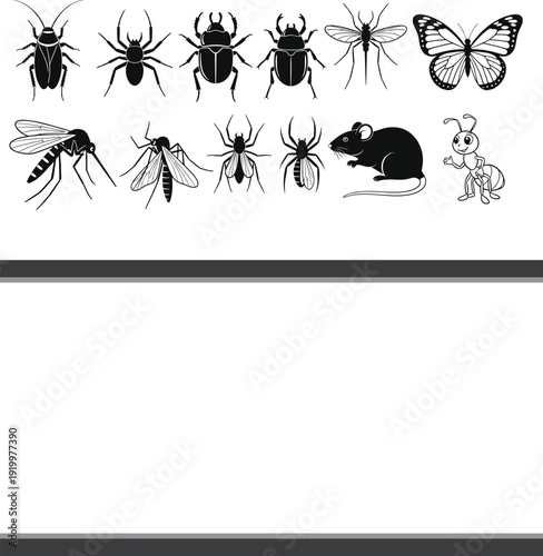 Insect Silhouette Collection with Beetle Spider Mosquito Butterfly Fly Rat and Ant Black Vector Set