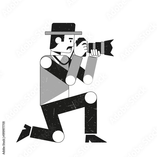 Cartoon photographer kneeling with camera, vintage style illustration