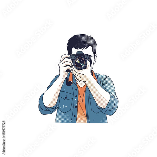 Man holding camera, shooting photo, digital illustration