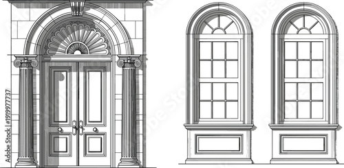 Classical architecture illustration, entrance door vector, arched window design, Ionic column graphic, traditional building icon, flat vector illustration, flavector