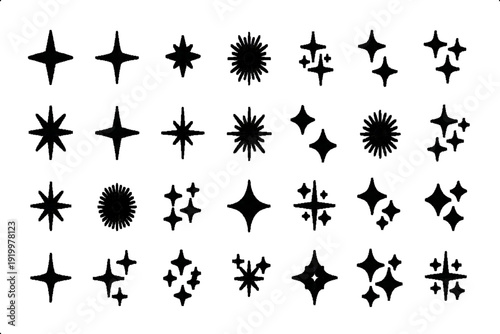 Versatile collection of black sparkle, glitter, and star icons, featuring twinkling light effects and radiant shapes, perfect for adding a magical, festive, or clean decorative touch to design project