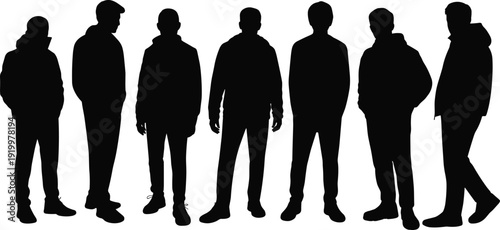 Silhouettes of seven standing individuals in casual attire, diverse postures and stances, human form illustration concept for lifestyle, fashion, and design use