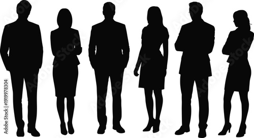 Silhouettes of six business professionals standing side by side, diverse postures and attire, teamwork and corporate culture concept illustration for workplace and networking design use