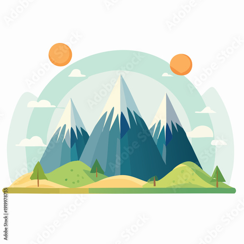 Vibrant flat design landscape illustration of snowy mountains, green hills, and twin suns