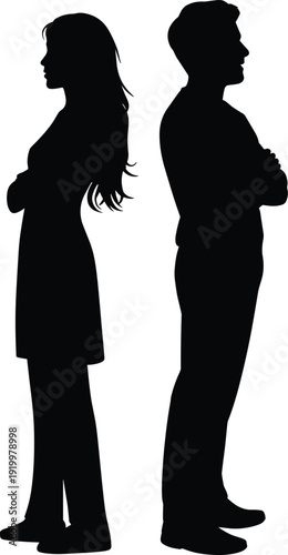 Silhouettes of two individuals standing back-to-back with crossed arms, symbolizing disagreement, emotional distance, conflict, separation, tension, relationship issues, and human interaction.
