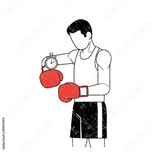 Boxer checking stopwatch, boxing training, timekeeping, workout, sport illustration