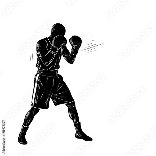 Boxer silhouette in fighting stance, black and white sketch style