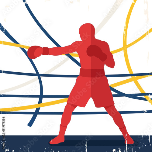 Boxer silhouette in red, fighting stance in ring with colorful ropes