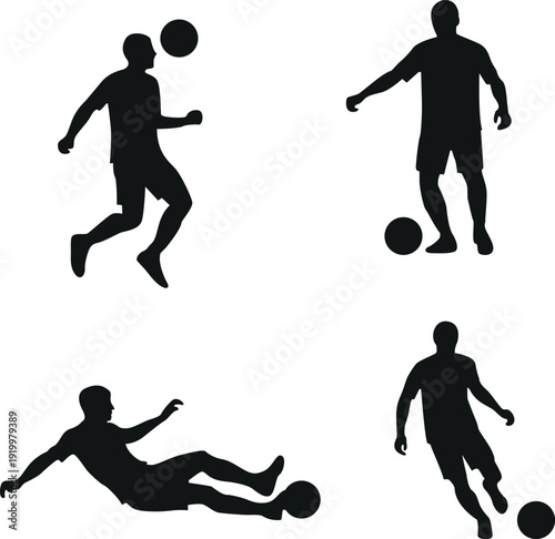 Silhouettes of people playing soccer demonstrating various athletic poses