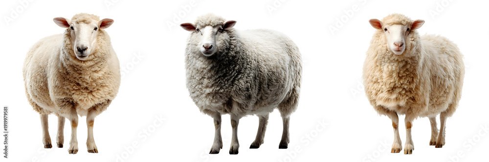 Fototapeta premium Three sheep standing side by side looking forward isolated on a white or transparent background