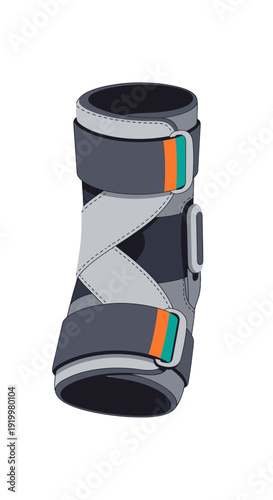 A gray and black knee brace with orange and green accents on a white background