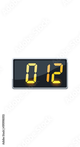 Close-up of a digital clock display showing 012 in bright yellow on a black background