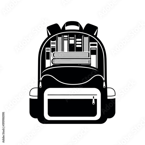 Backpack with books black and white illustration.