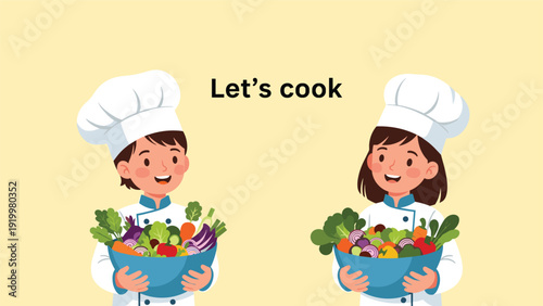 Cheerful boy and girl chefs smiling brightly while presenting bowls of fresh, healthy vegetables, enthusiastically inviting everyone to "Let's cook".