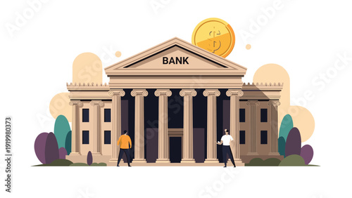 Two small figures observing a magnificent classical bank building with columns, topped by a giant golden dollar coin, symbolizing finance and wealth.