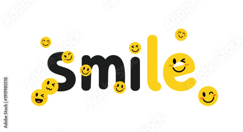 A vibrant graphic illustration spelling out 'Smile' with playful yellow emoji characters, radiating pure joy and optimism on a pristine white