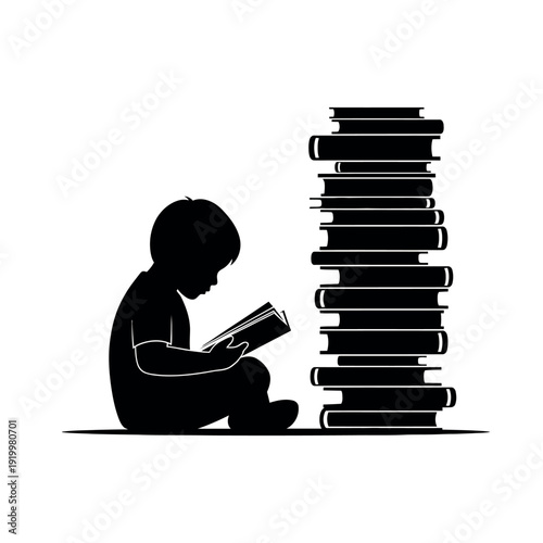 Silhouette of a young child reading a book next to a tall stack of books.