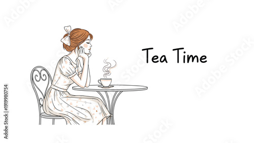 Elegant woman with an updo hairstyle sitting gracefully at an outdoor cafe table, enjoying a steaming cup of tea during a peaceful "Tea Time".