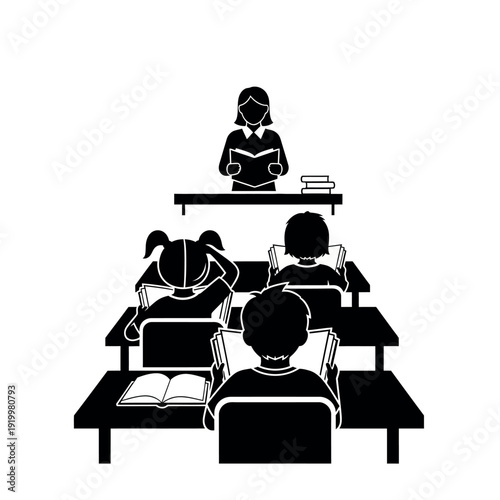 Teacher and students in classroom learning.