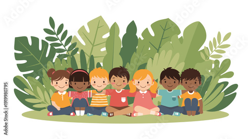 Diverse group of cheerful young children sitting closely together, smiling and embracing in front of vibrant green leaves, symbolizing friendship and unity.