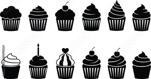 Cupcake silhouette set featuring frosted muffins with cherry topping and candle bakery icons