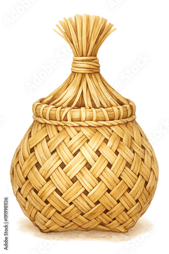 Thai Bamboo Woven Basket with Straw Knot Isolated on Transparent Background