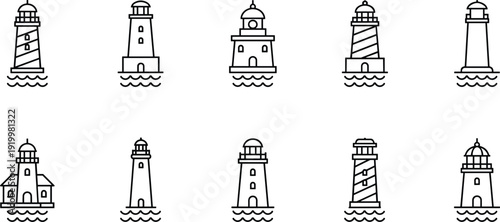 Lighthouse line icons set featuring coastal beacon towers maritime navigation seaside architecture