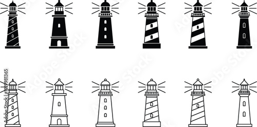 Lighthouse silhouette and line icons set featuring striped beacon towers maritime navigation