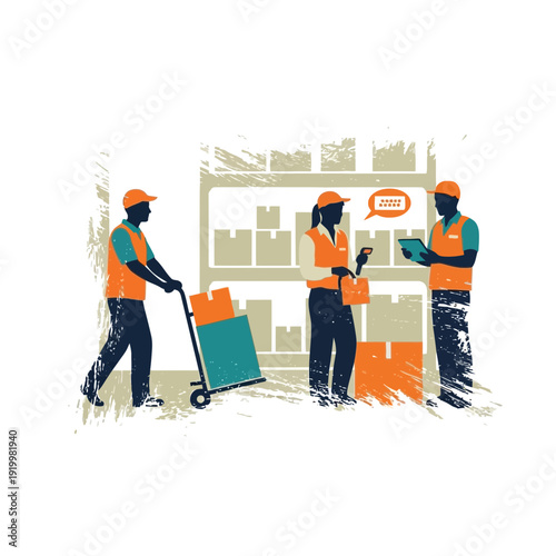 Warehouse workers in uniform with boxes, logistics and delivery concept