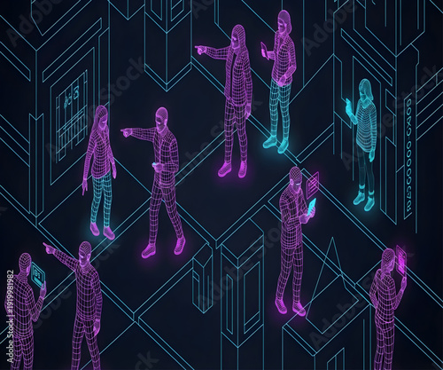 Isometric pixel art scene featuring magenta and cyan humanoid figures in a dark digital space.