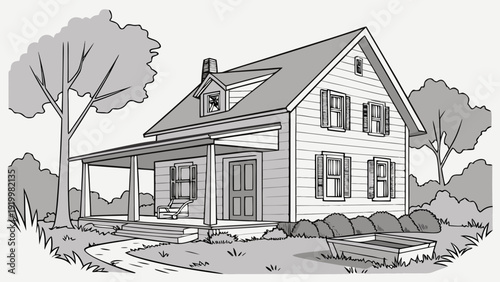 Detailed Line Art Illustration of a Charming Farmhouse.