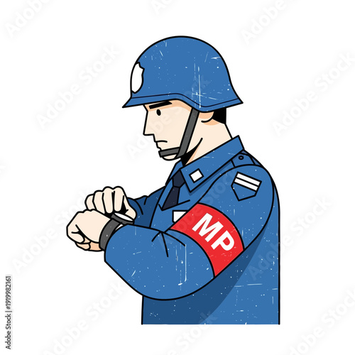 Military Police Officer Checking Watch, Blue Uniform, MP Armband, White Background