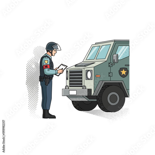 Police officer inspects armored vehicle with clipboard