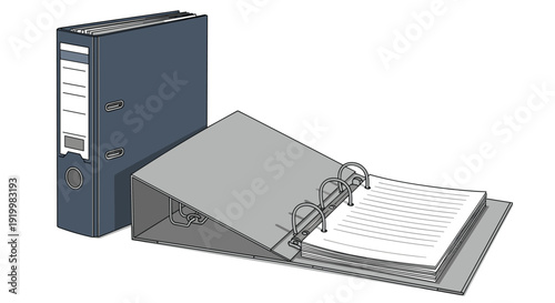 Blue and grey ring binders with one standing and one lying open revealing lined paper for document storage and organization.