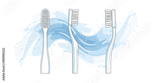 Collection of three white toothbrushes shown from different angles against a dynamic blue water splash background.