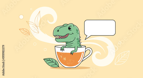 Whimsical illustration of a small green dinosaur sitting inside a cup of tea with a blank speech bubble for text.