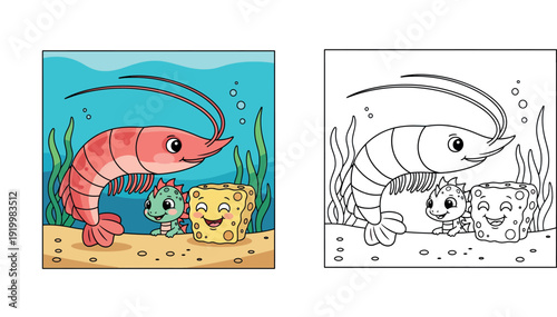 Photography Cute cartoon shrimp, sea sponge and little monster friends underwater vector illustration