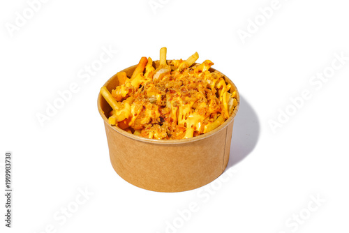 Canvas Print Crispy loaded french fries topped with melted cheese sauce and fried onions in p