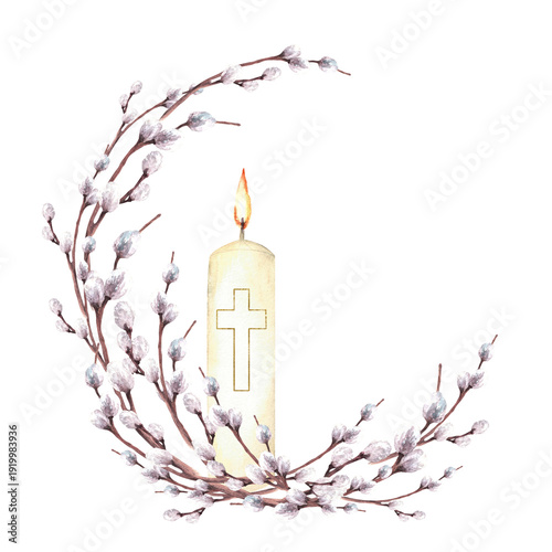 Burning candle with golden Cross against of pussy willow branches circle frame. Religious Easter Watercolor hand drawn illustration on isolated white background for Palm Sunday, baptism, spring card.