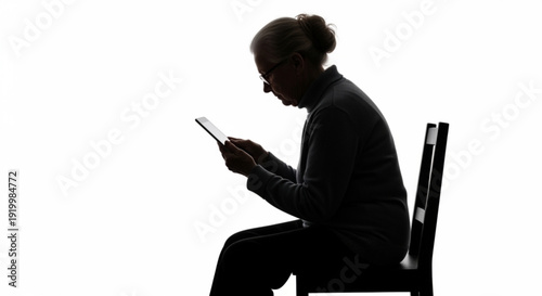 Woman sitting on chair using tablet in profile view