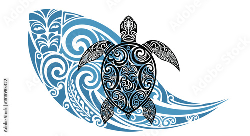 Intricate Polynesian style sea turtle illustration integrated with traditional Maori tribal wave patterns in a beautiful blue and black design.