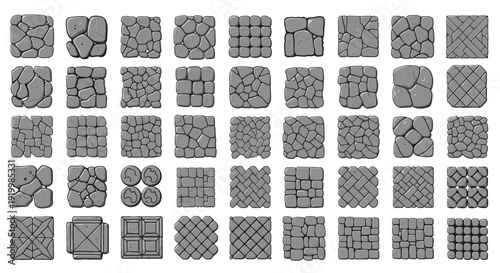 Wide variety of stone pavement and masonry wall textures presented in square samples for architectural and game background design.