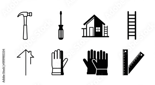Construction site tools and house renovation icons displayed together in a grid on a simple background